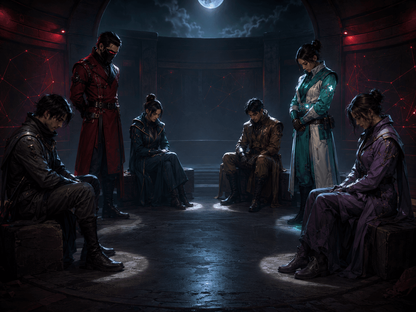 Original crimson masked Impostor, teal Doctor, and neutral Players in a moonlit game setting